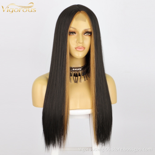 Vigorous Brown Highlights Full Women's Wig Centre Parting Long Straight Layered Heat Resistant synthetic hair lace wigs